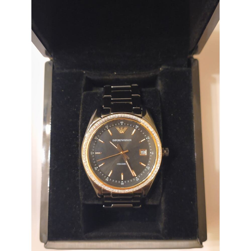 Emporio Armani Ceramica Black and Rose Gold Crystal Accent  - Like New AR-1496